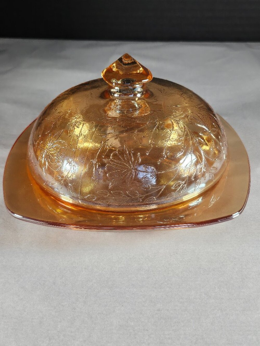 Depression Era Carnival Glass Floragold Louise Jeanette Glass Butter Dish Lidded